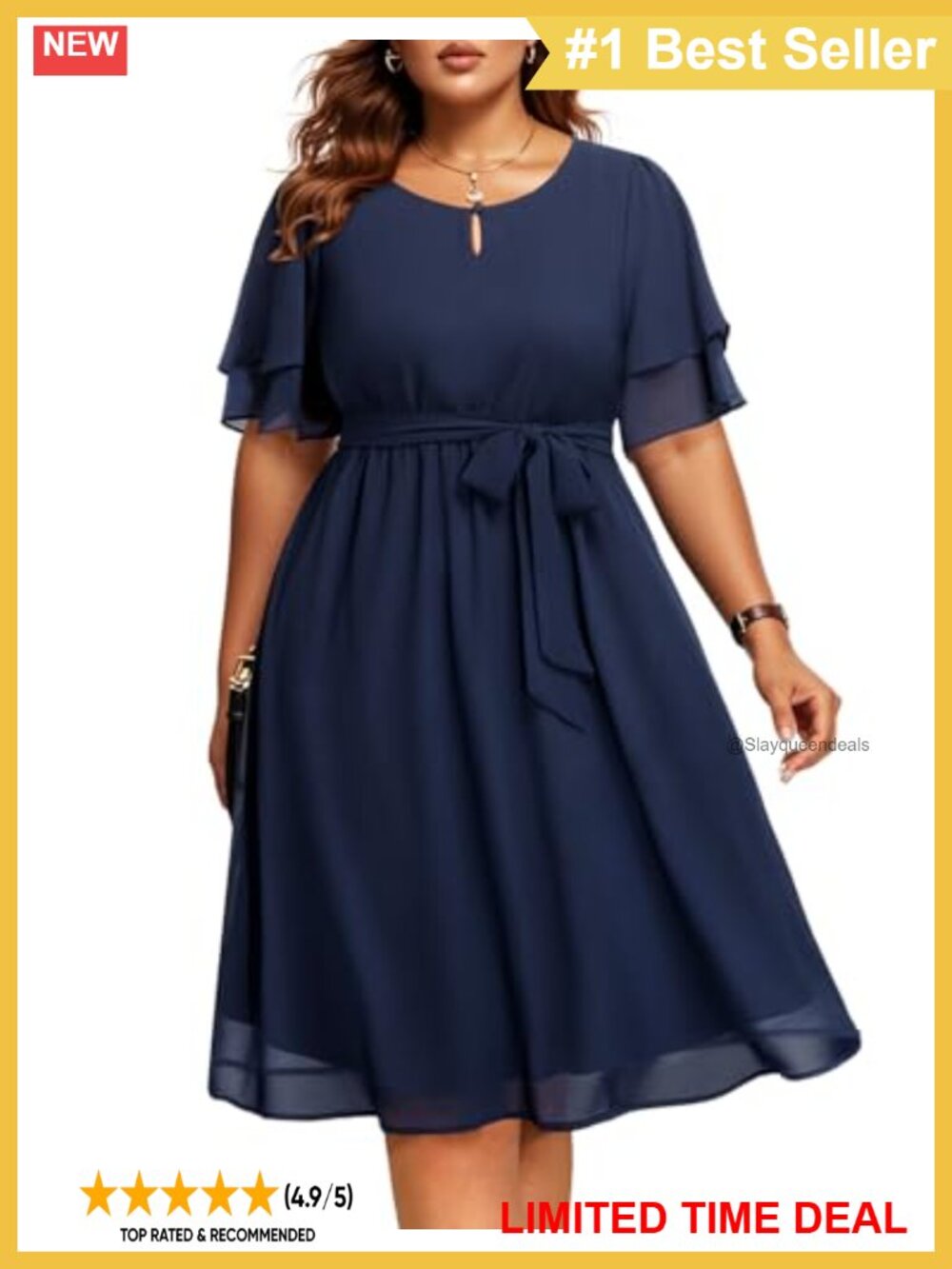 Plus Size Chiffon Keyhole Neck Flutter Sleeve Knee Length Cocktail Dress